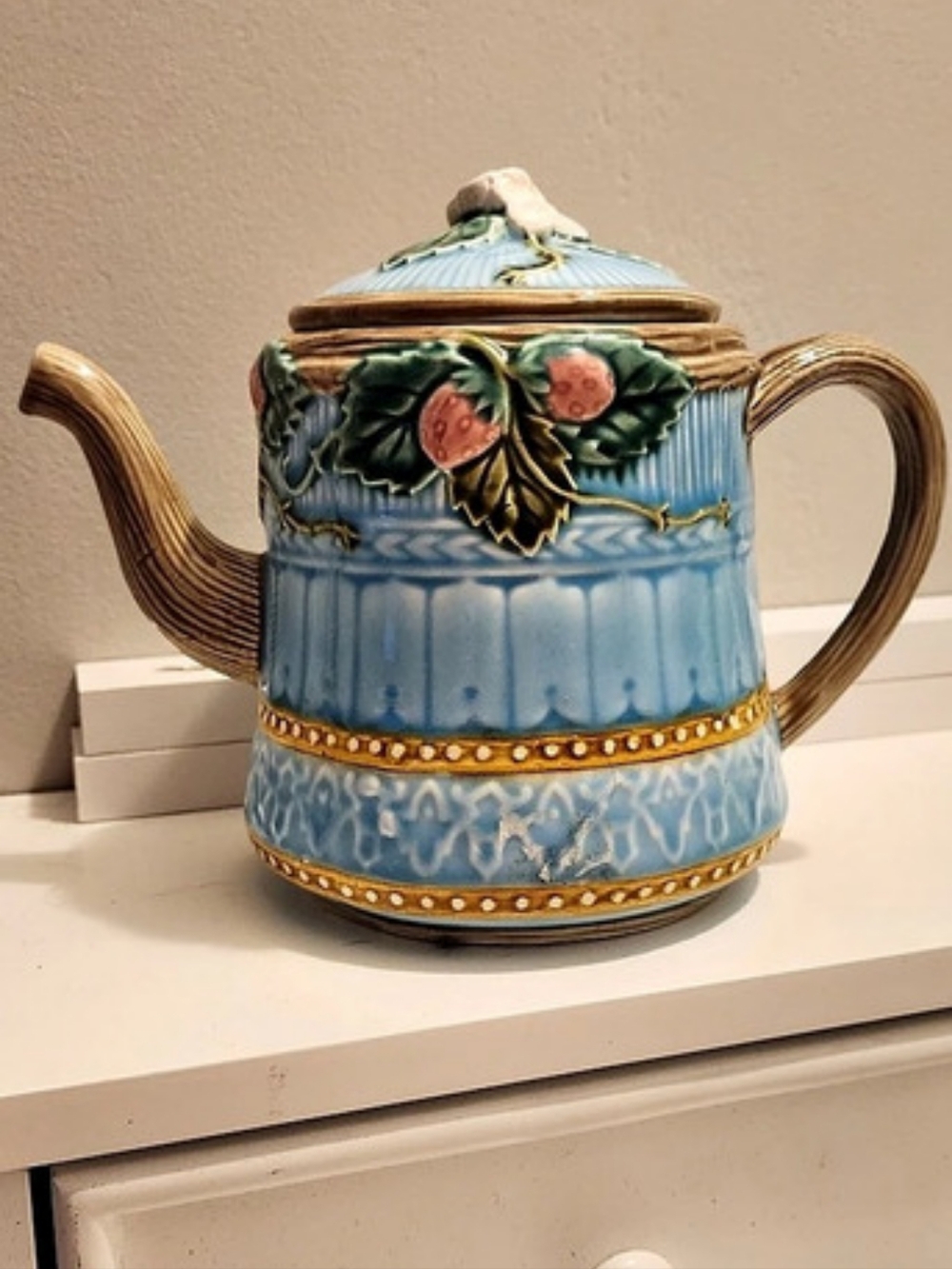 Fitz and Floyd Petite Fraise Des Bois Majolica Strawberry Teapot Blue One